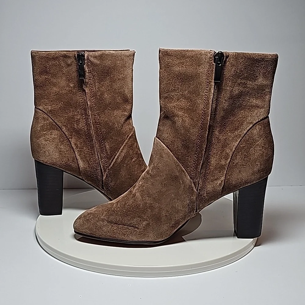 Franco Sarto Pia Suede Ankle Booties Brown 7.5 Side Zip Almond Toe Heeled Boots